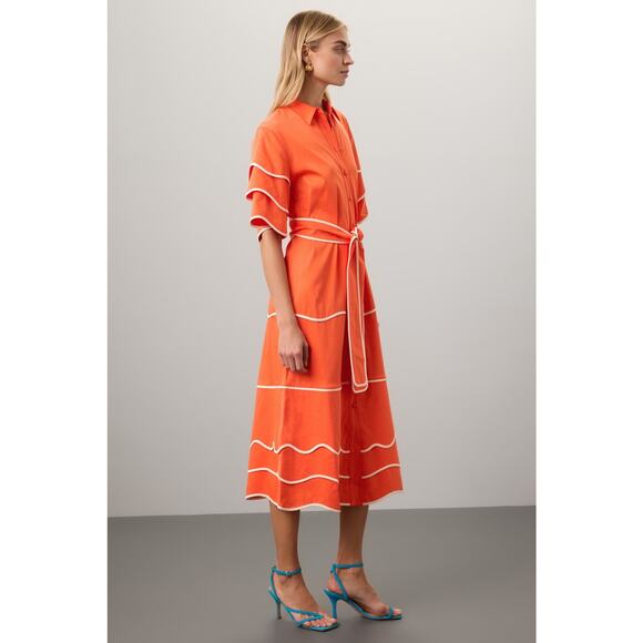 Alexis Rhodes Orange Short Sleeve Belted Tie Waist Midi Shirt Dress Size Large - Picture 2 of 16